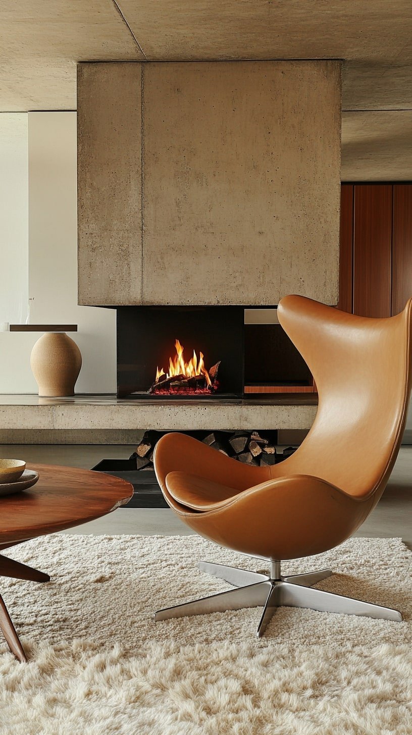 Midcentury Living Room with Iconic Pieces and Statement Fireplace