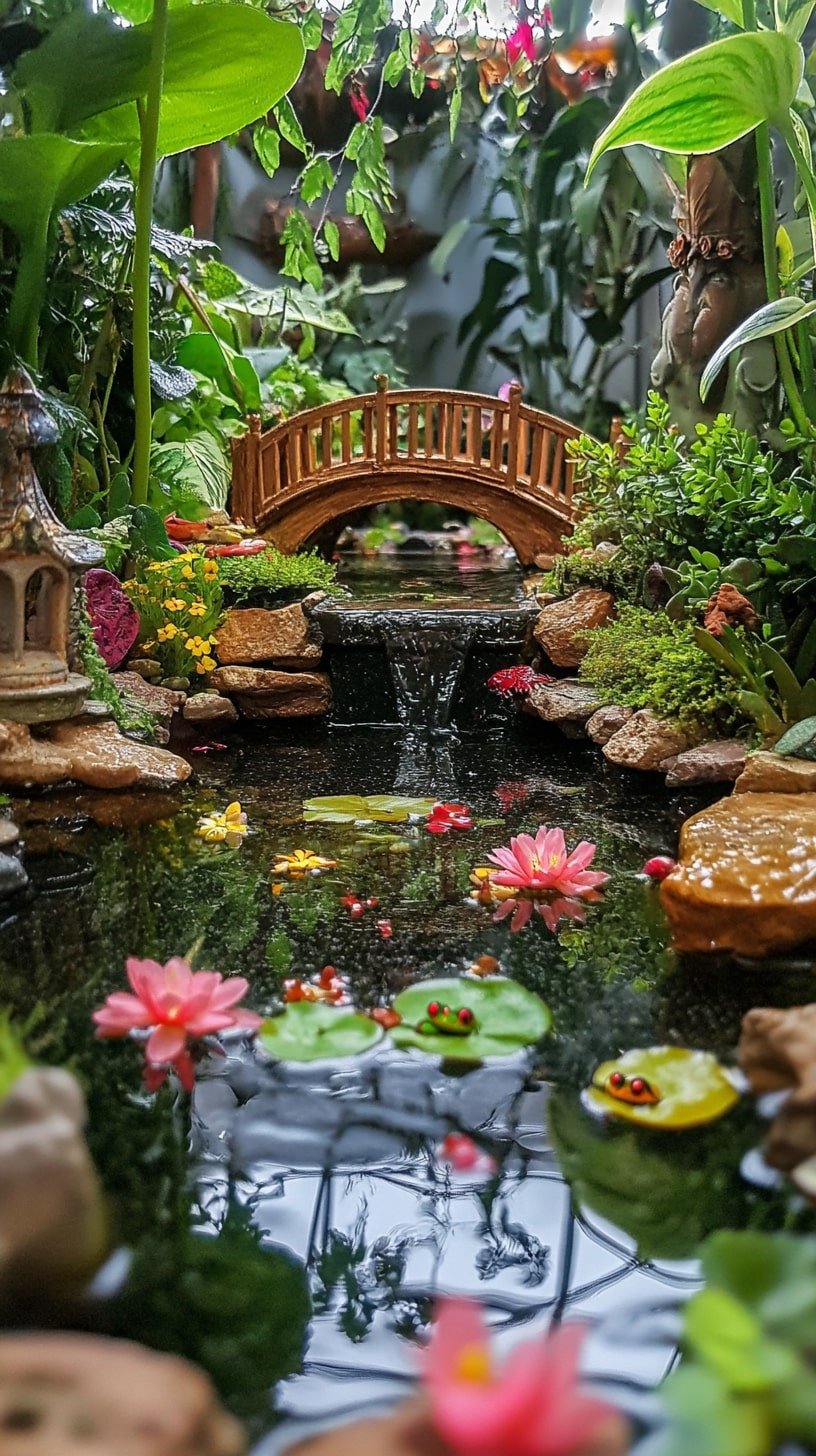 Mini Pond Fairy Garden with Bridge and Water Lilies
