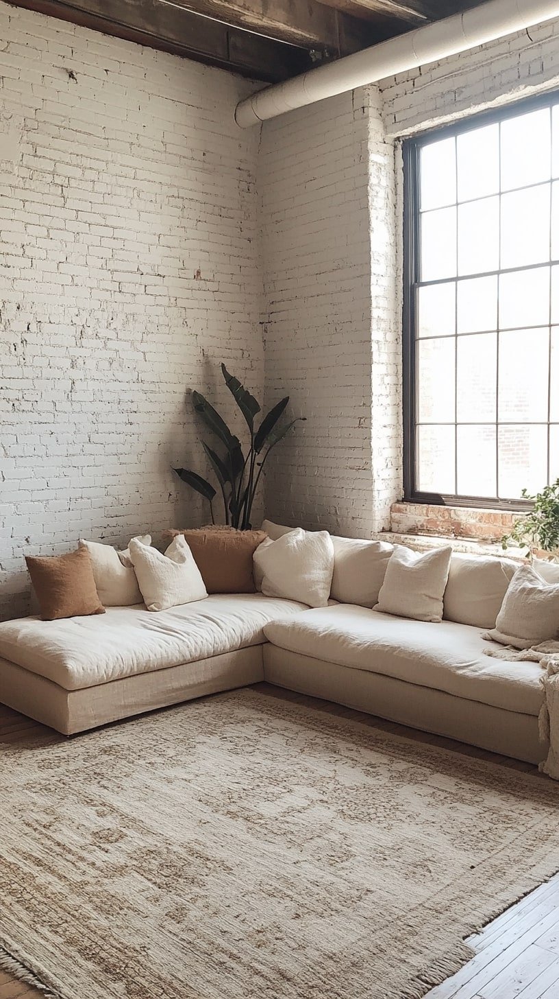 Minimal Loft Living Room with Neutral Tones and Rugs