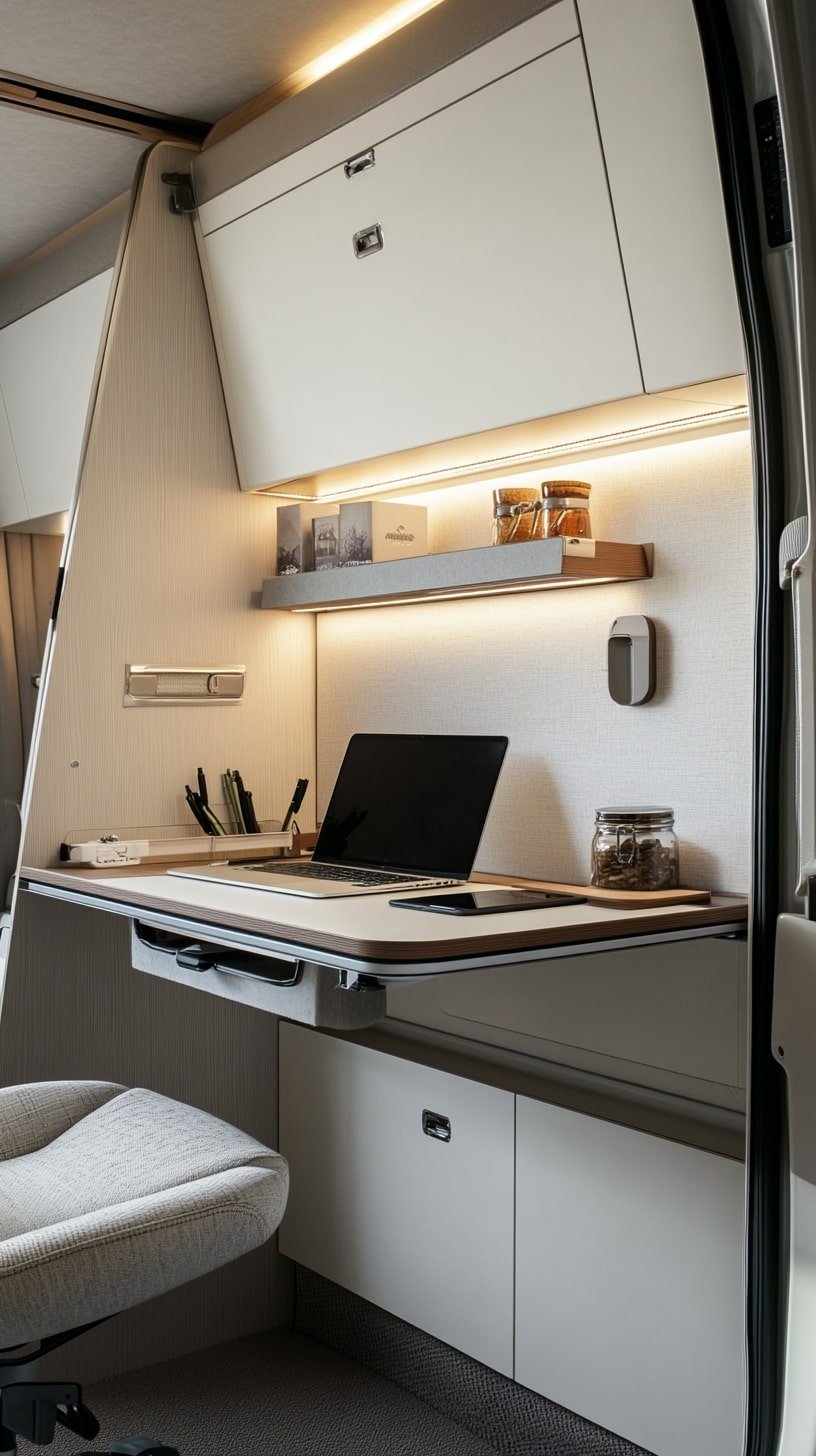 Minimalist Camper Van with Fold-Out Desk and Laptop Setup