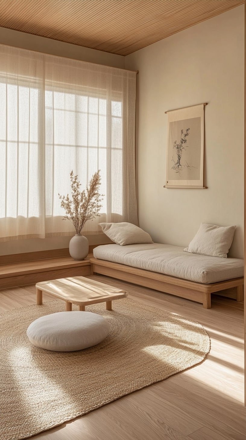Minimalist Japandi Interior with Tatami-Inspired Flooring