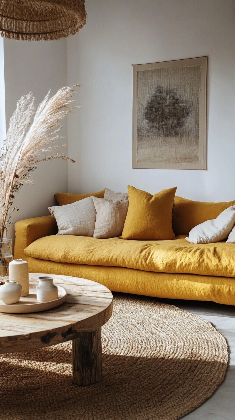 Minimalist Japandi Room with Linen Yellow Sofa