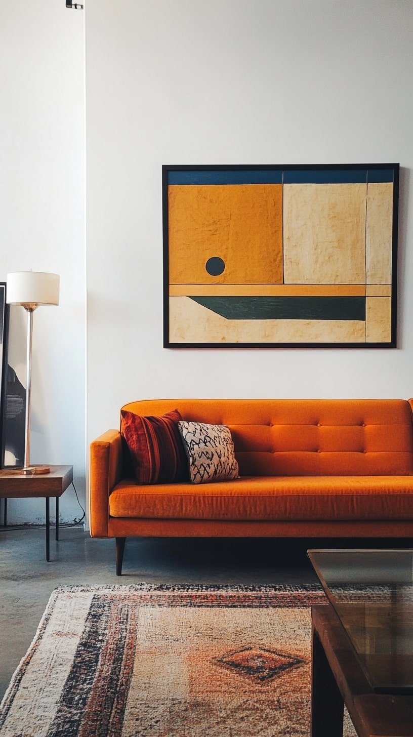 Minimalist Living Room with Bright Orange Couch and White Walls