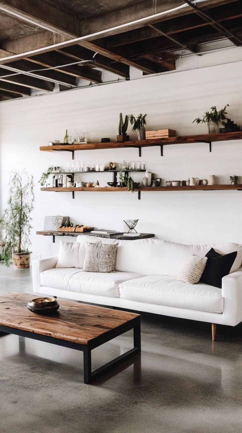Minimalist Living Room with White Sofa and Black Accents