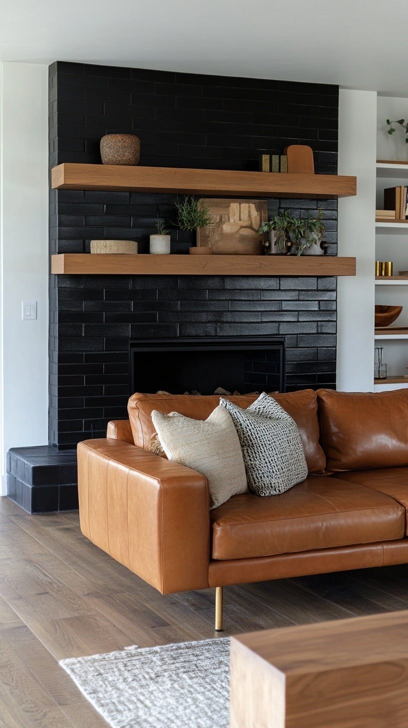  Minimalist Midcentury Room with Leather Sofa and Black Fireplace