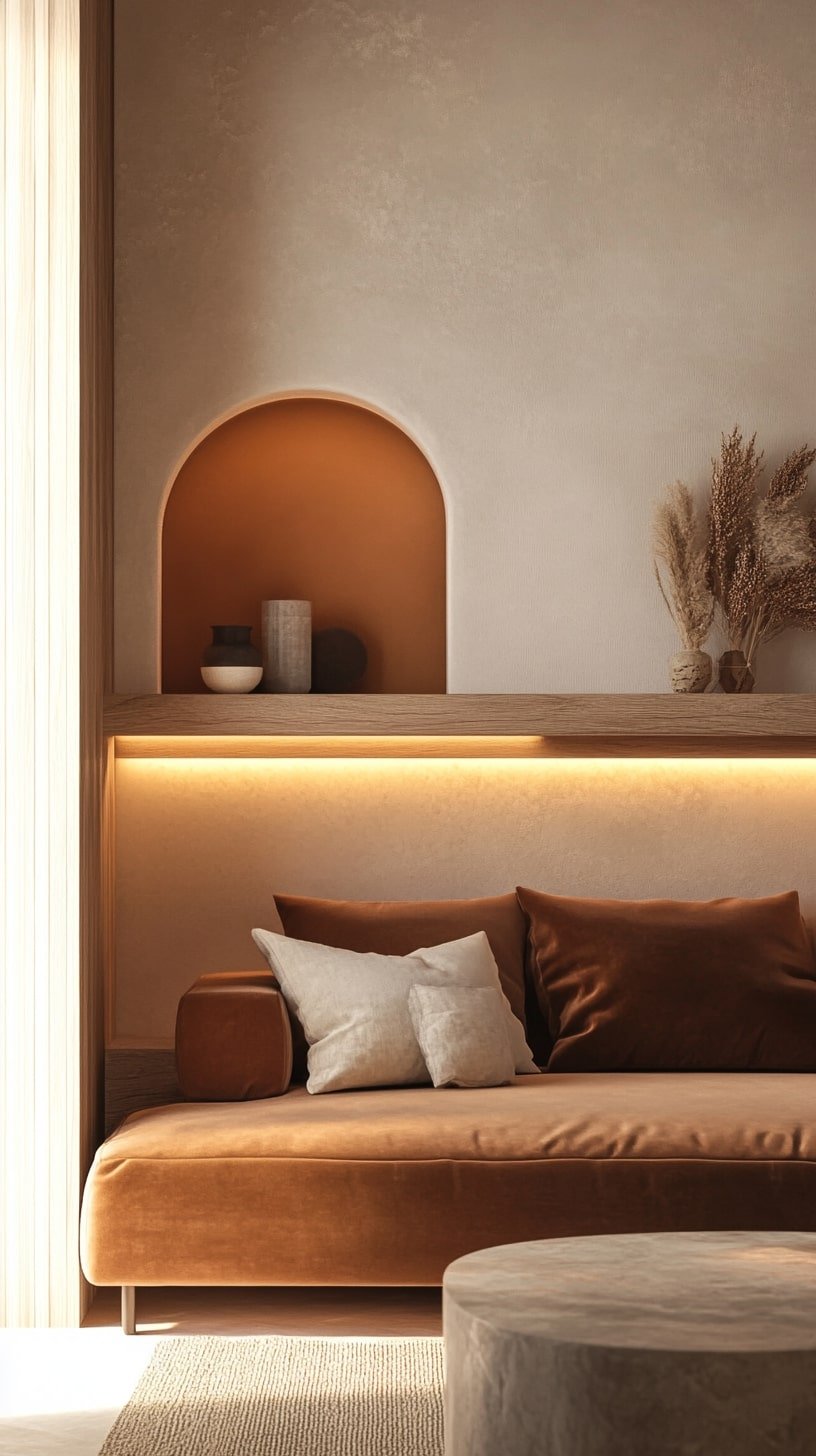 Minimalist Room with Cognac Loveseat and Floating Shelves