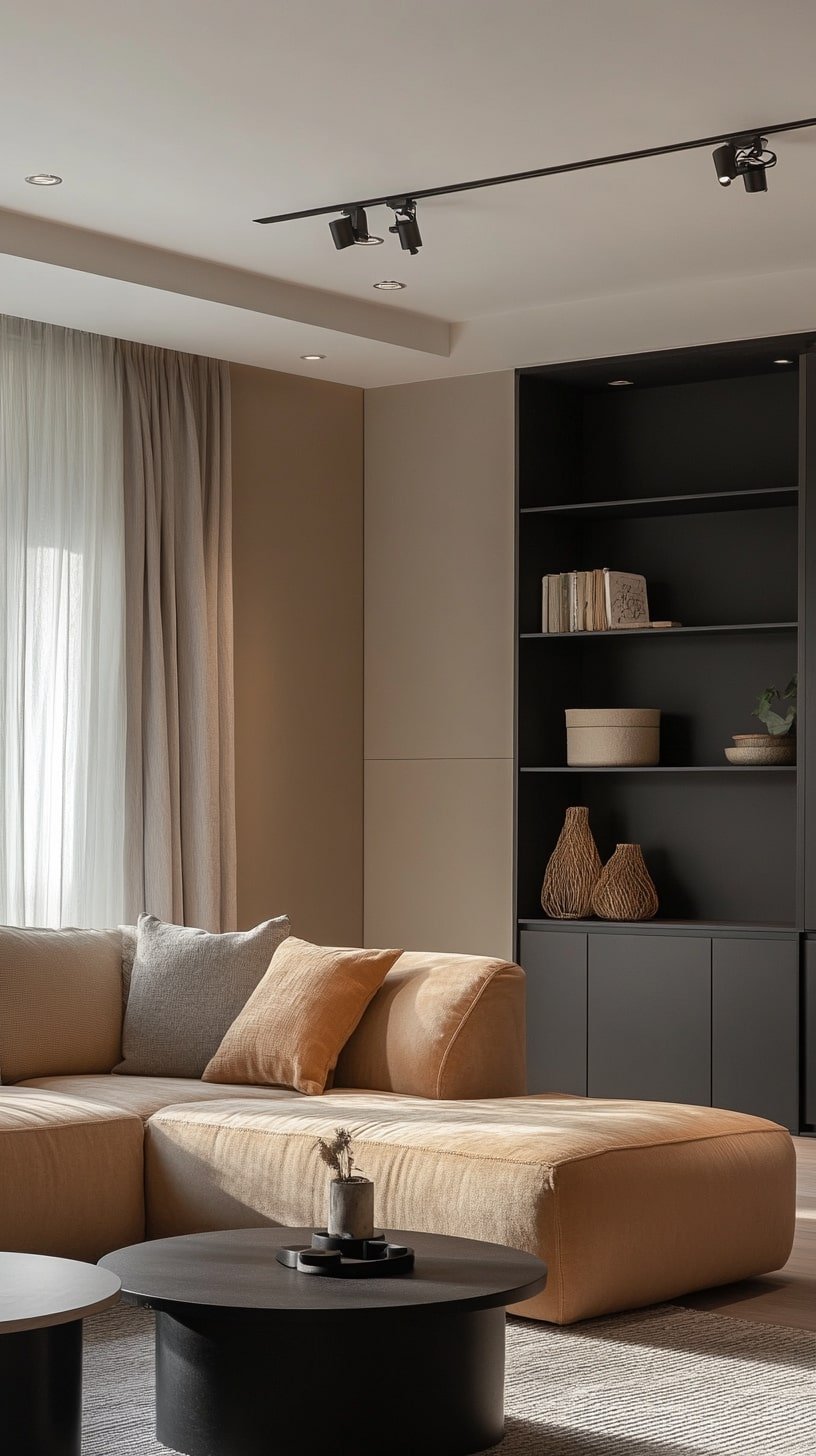  Minimalist Studio with Tan Couch and Clean White Walls