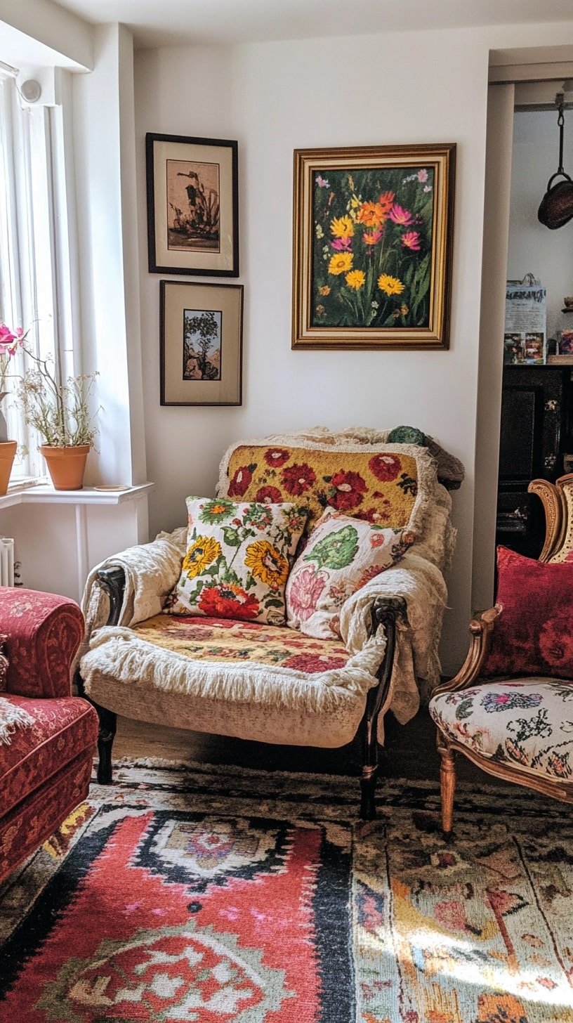 Mismatched Cottagecore Chairs and Floral Pillows