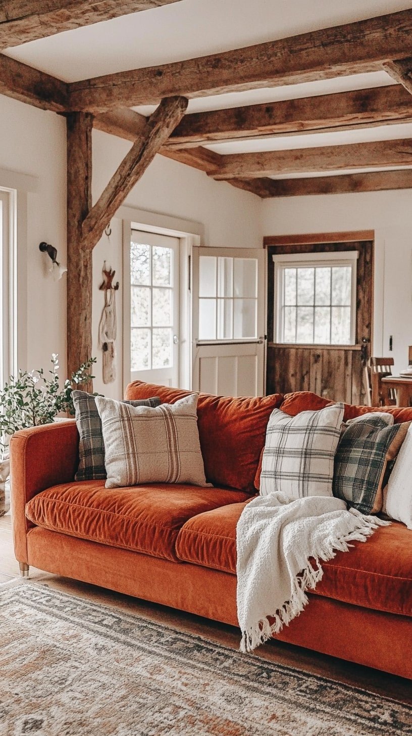 Modern Farmhouse Room with Rust Orange Sofa and Woven Decor