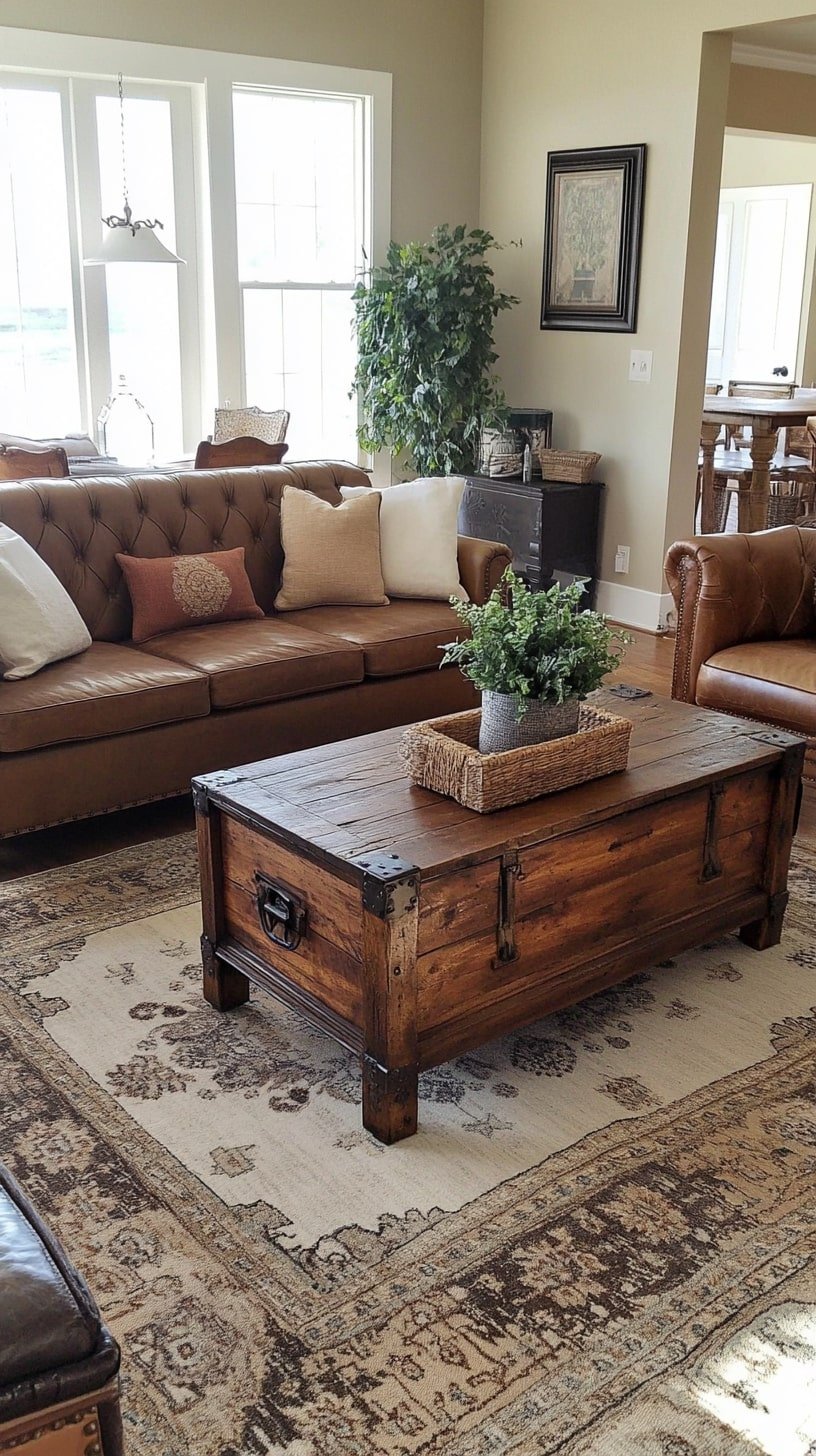 Modern Farmhouse Room with Slip Rug and Cognac Couch
