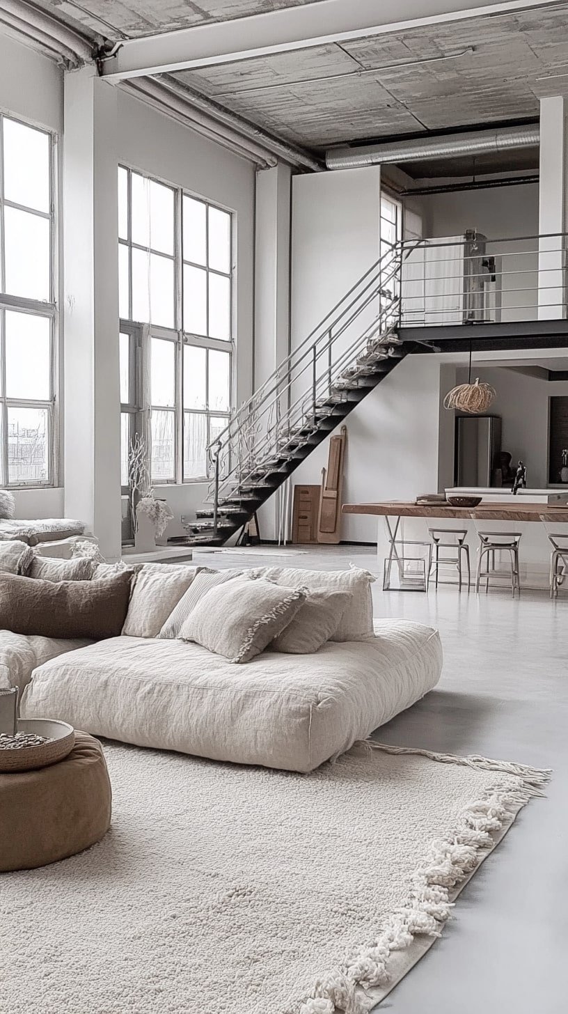 Modern Loft Living Room with High Ceilings and Neutral Palette