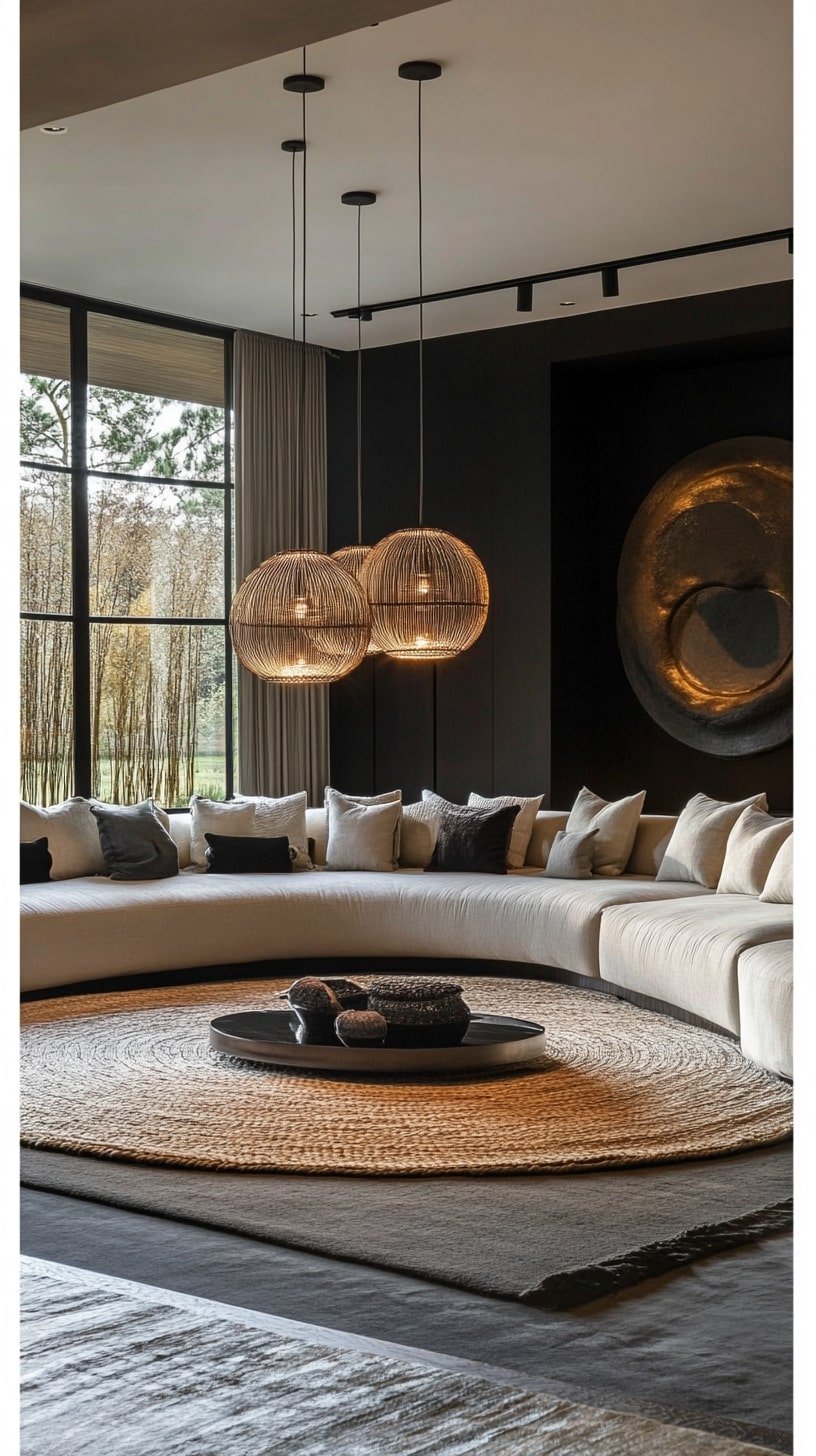 Modern Narrow Room with Curved Sofa and Central Rug