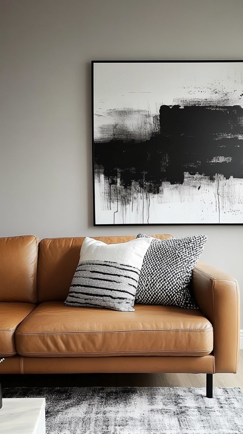 Modern Neutral Room with Tan Couch and Abstract Artwork