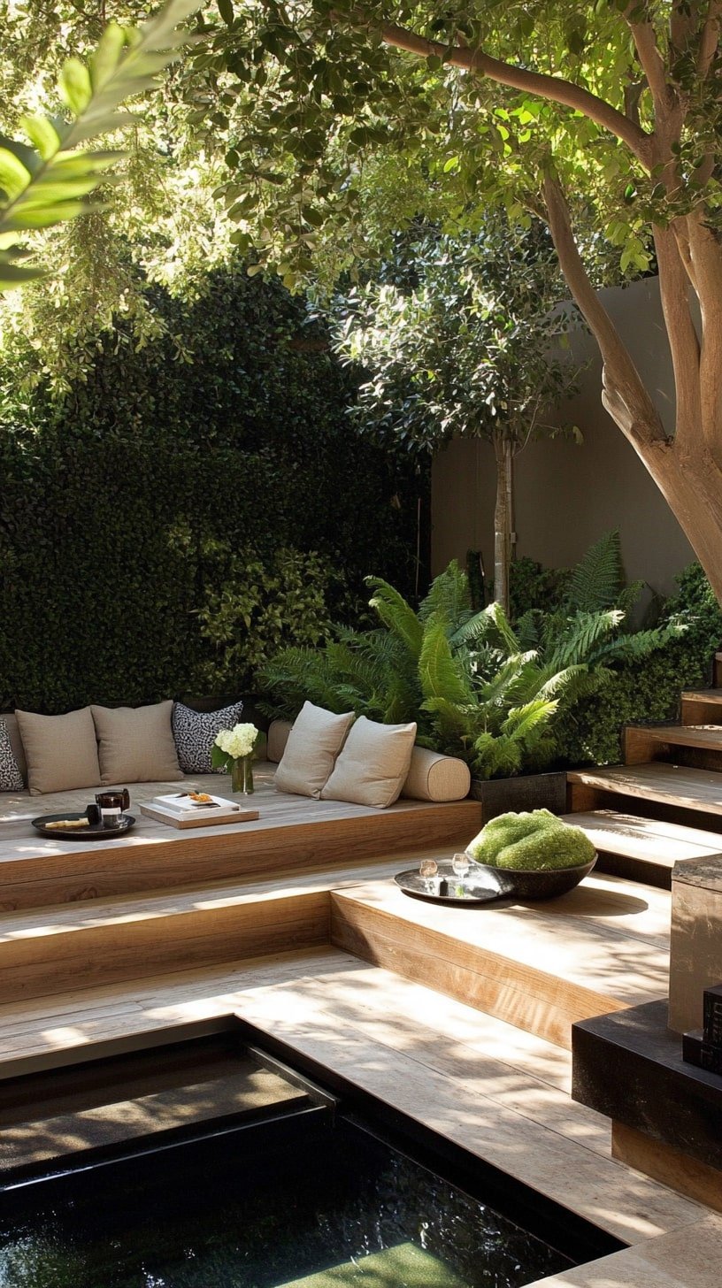 Modern Outdoor Yoga Lounge with Cushioned Benches