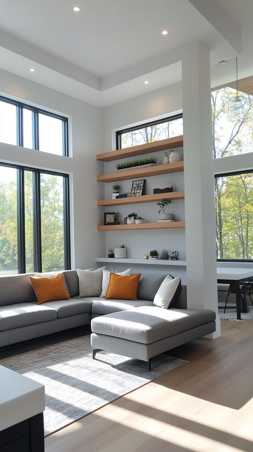 Modern Tiny House Lounge with Floating Shelves