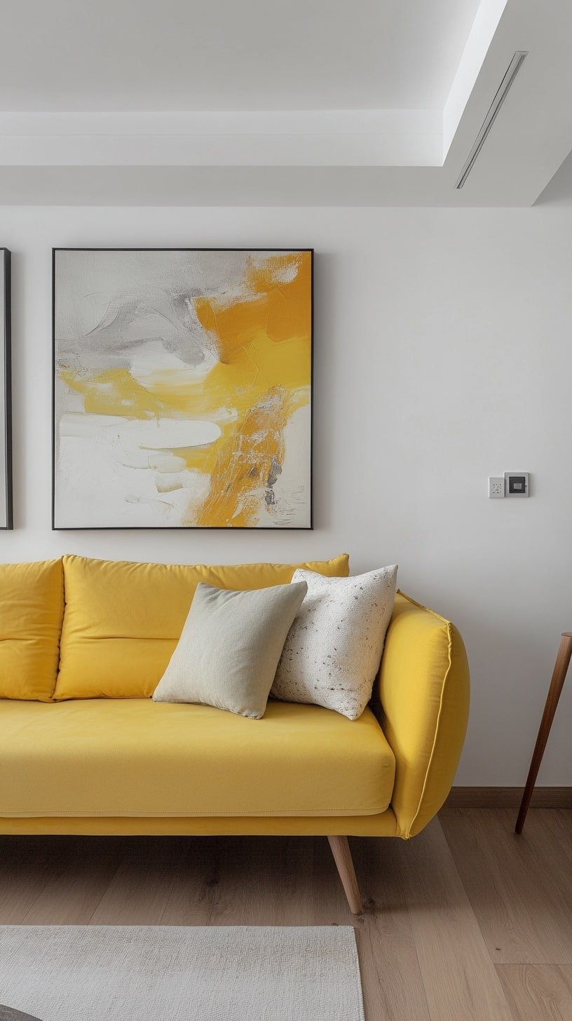 Modern White Living Room with Lemon Yellow Couch