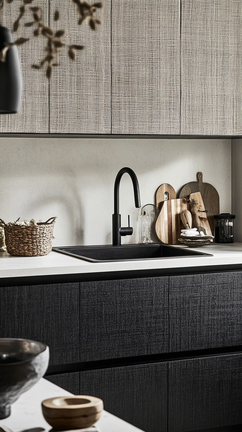 Monochrome Boho Kitchen with Texture-Heavy Accents