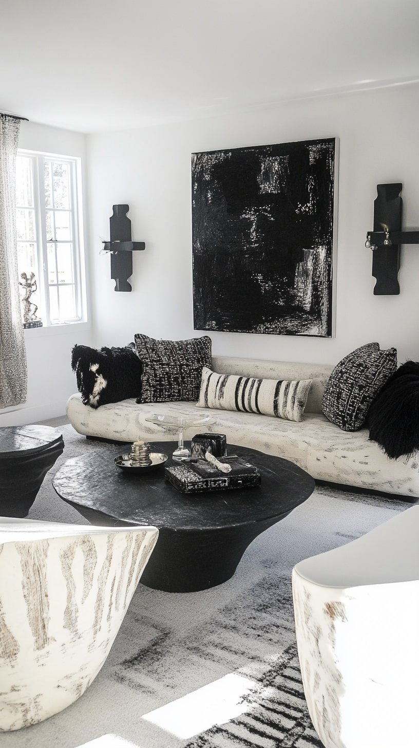Monochrome Living Room with Abstract Art and Metal Accents