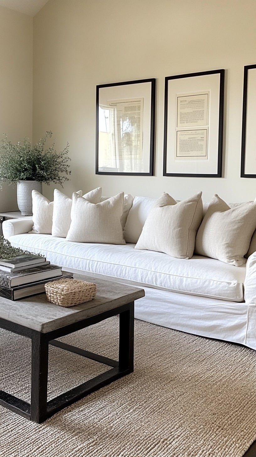 Monochrome Living Room with Cream Palette and Classic Artwork