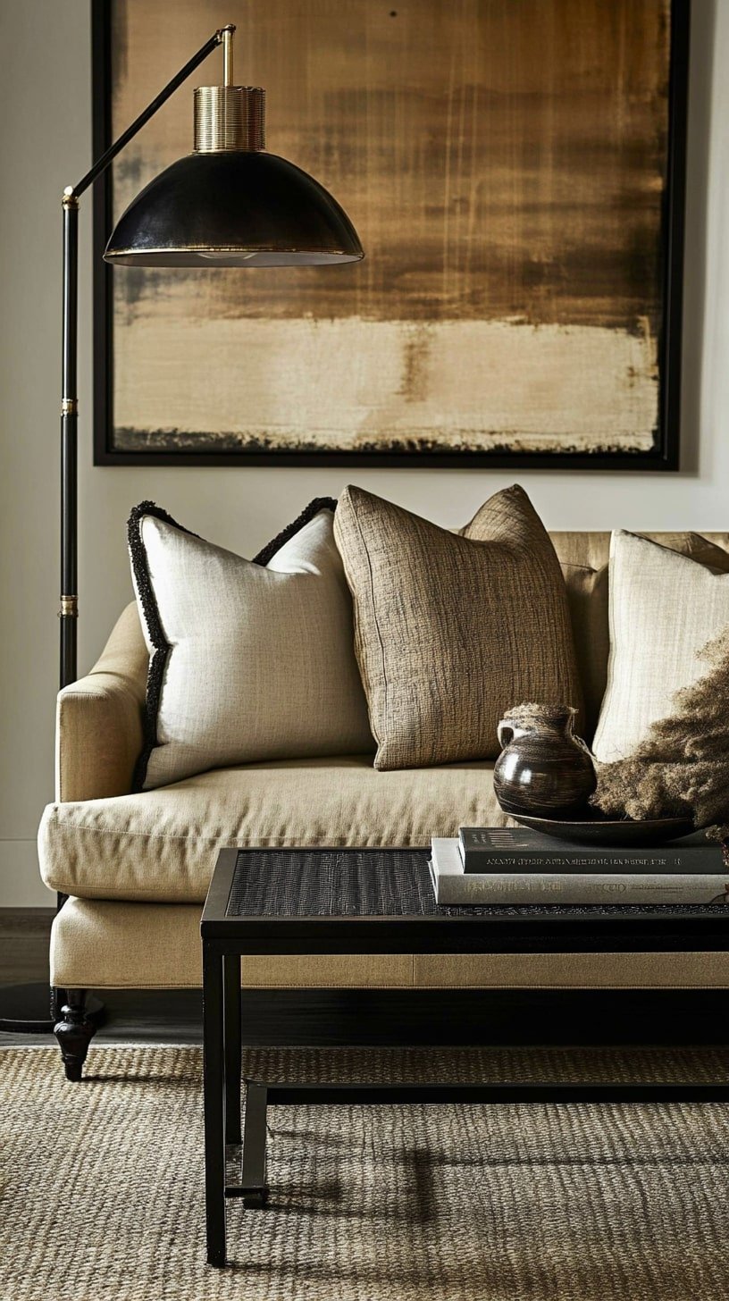 Monochrome Living Room with Tan Sofa and Black Fixtures