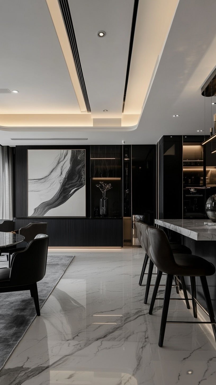 Monochrome Narrow Living Room with Vertical Art and Black Accents