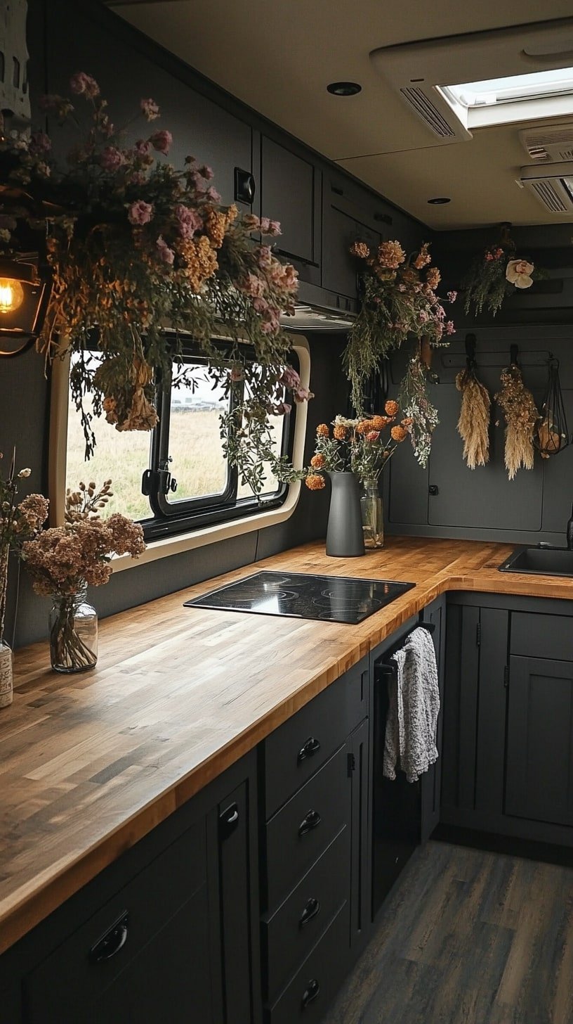Moody Boho Kitchen with Dark Cabinets and Dried Florals