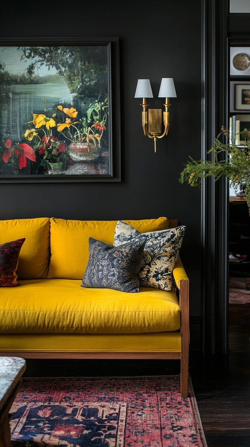 Moody Charcoal Room with Yellow Couch and Brass Lighting