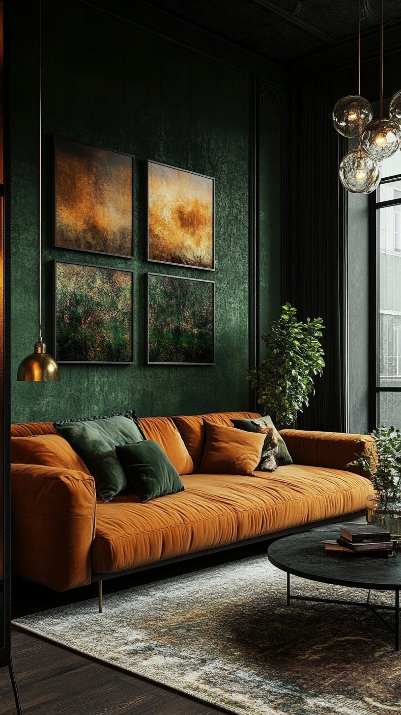 Moody Green Room with Cognac Leather and Brass Lighting