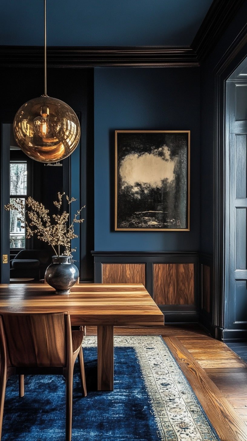 Moody Midcentury Room with Dark Walls and Sculptural Lighting