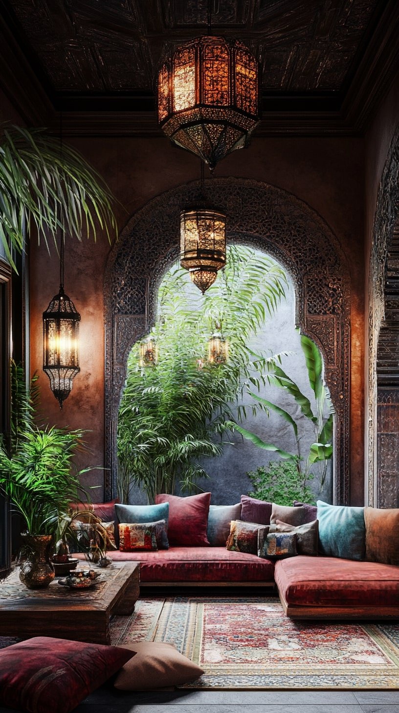 Moorish-Inspired Antique Living Room with Arches and Mosaic Tiles