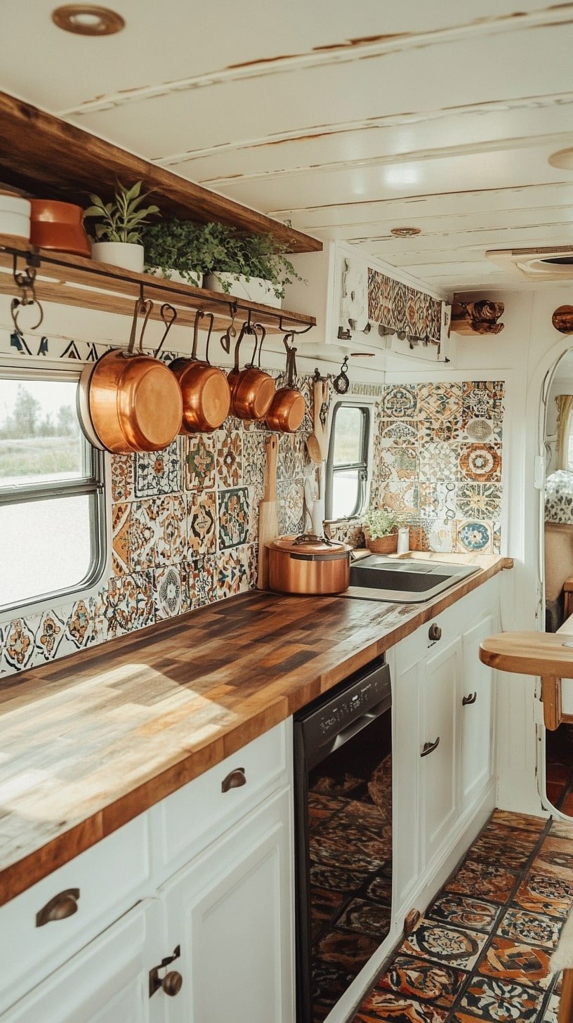 Moroccan Tile Backsplash with Copper Cookware Display