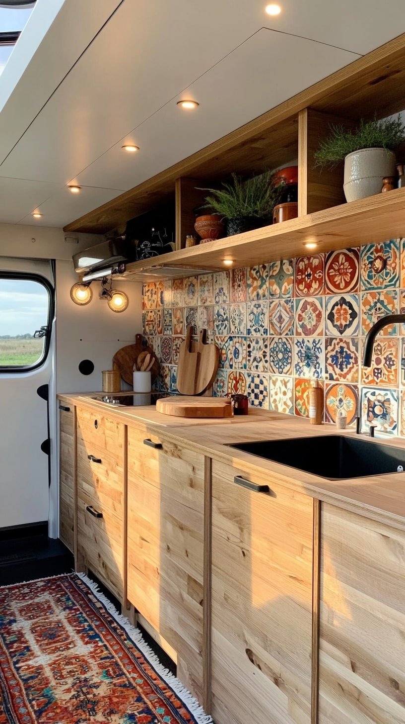 Moroccan Tile Backsplash with Woodgrain Cabinetry