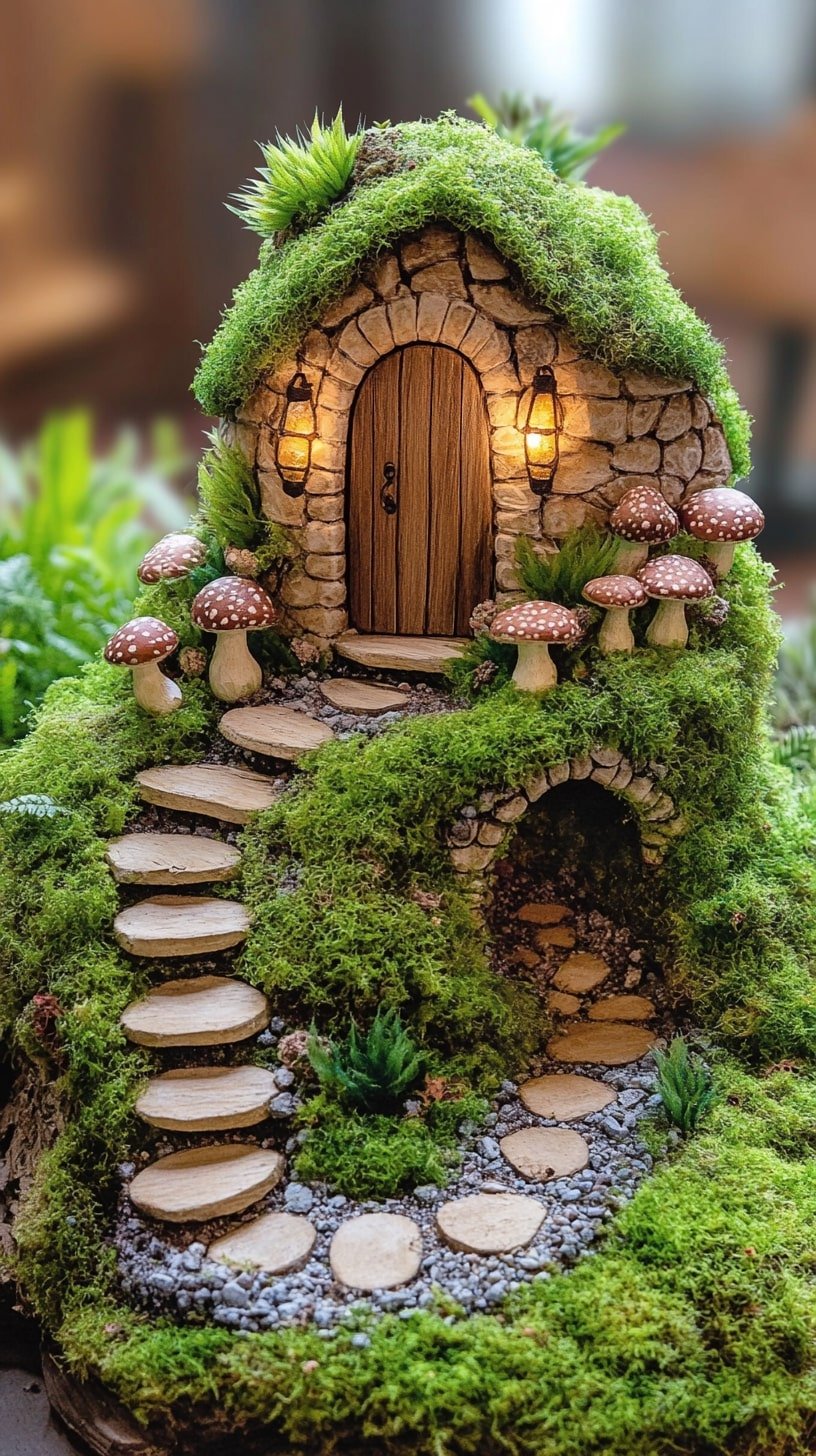 Moss-Covered Fairy Cottage with Pebble Pathway