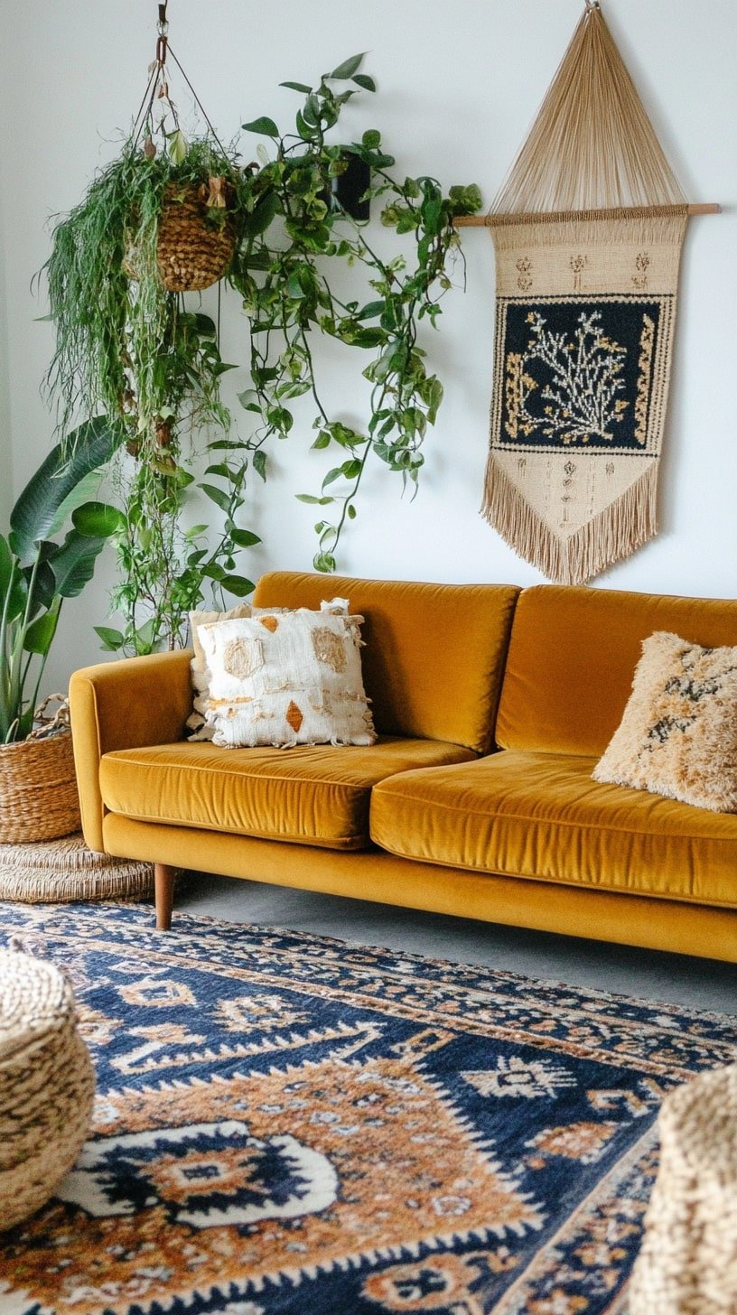 Mustard Yellow Velvet Sofa in Boho Living Room with Plants