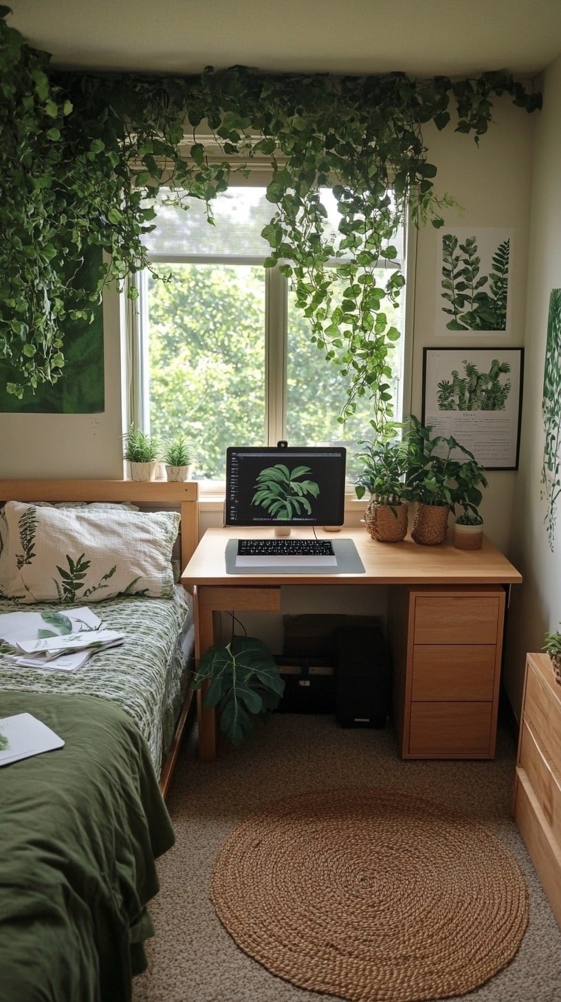 Nature-Inspired Dorm with Botanical Prints and Earthy Textures