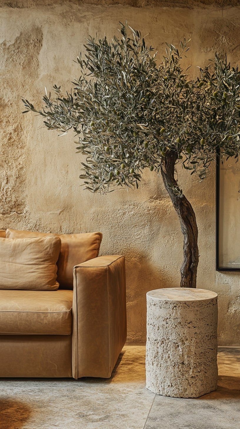 Nature-Inspired Room with Tan Couch and Indoor Tree