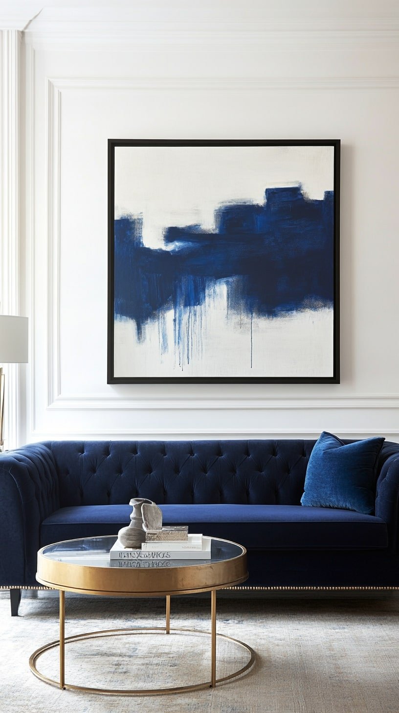 Navy Blue Velvet Couch in Modern Glam Living Room