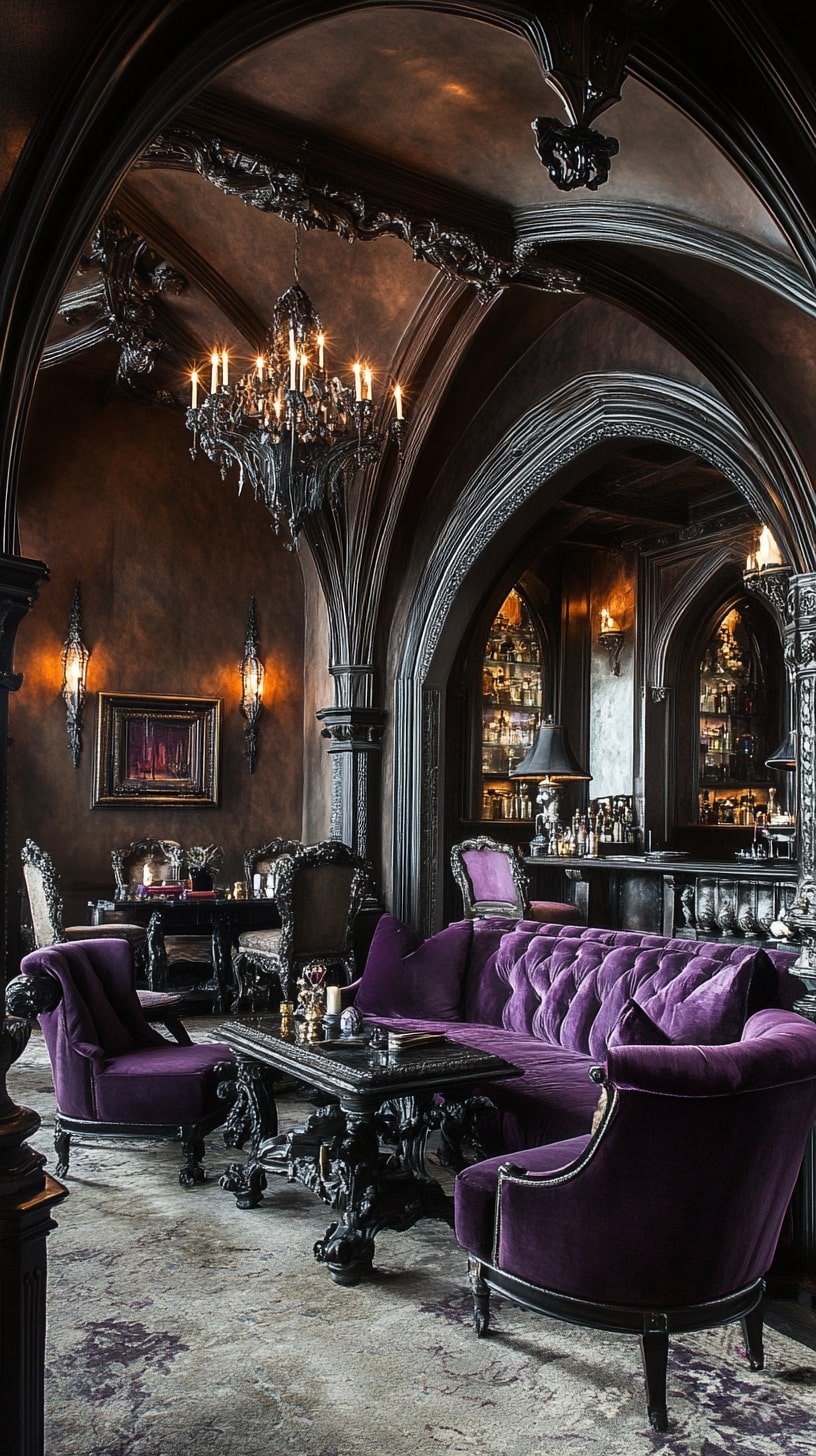 Neo-Gothic Room with High Ceilings, Tapestries, and Dark Carvings