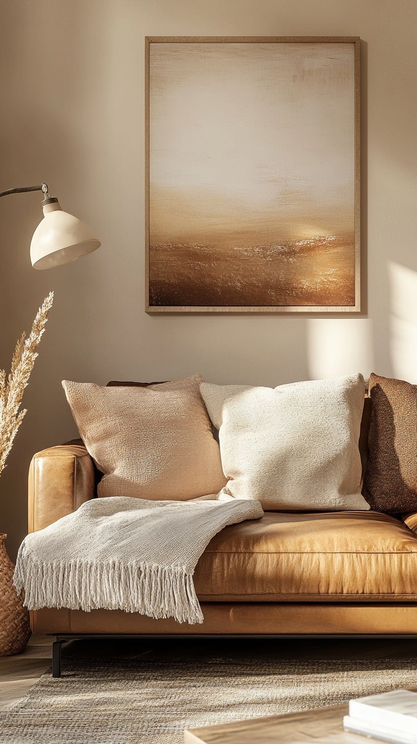 Neutral Living Room with Cognac Sofa and Layered Textures