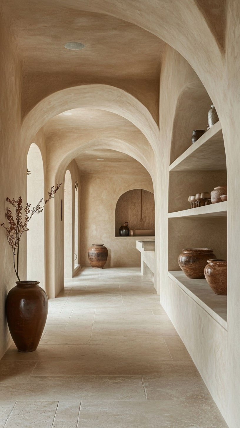 Neutral-Toned Living Room with Textured Plaster Walls and Niche Shelves