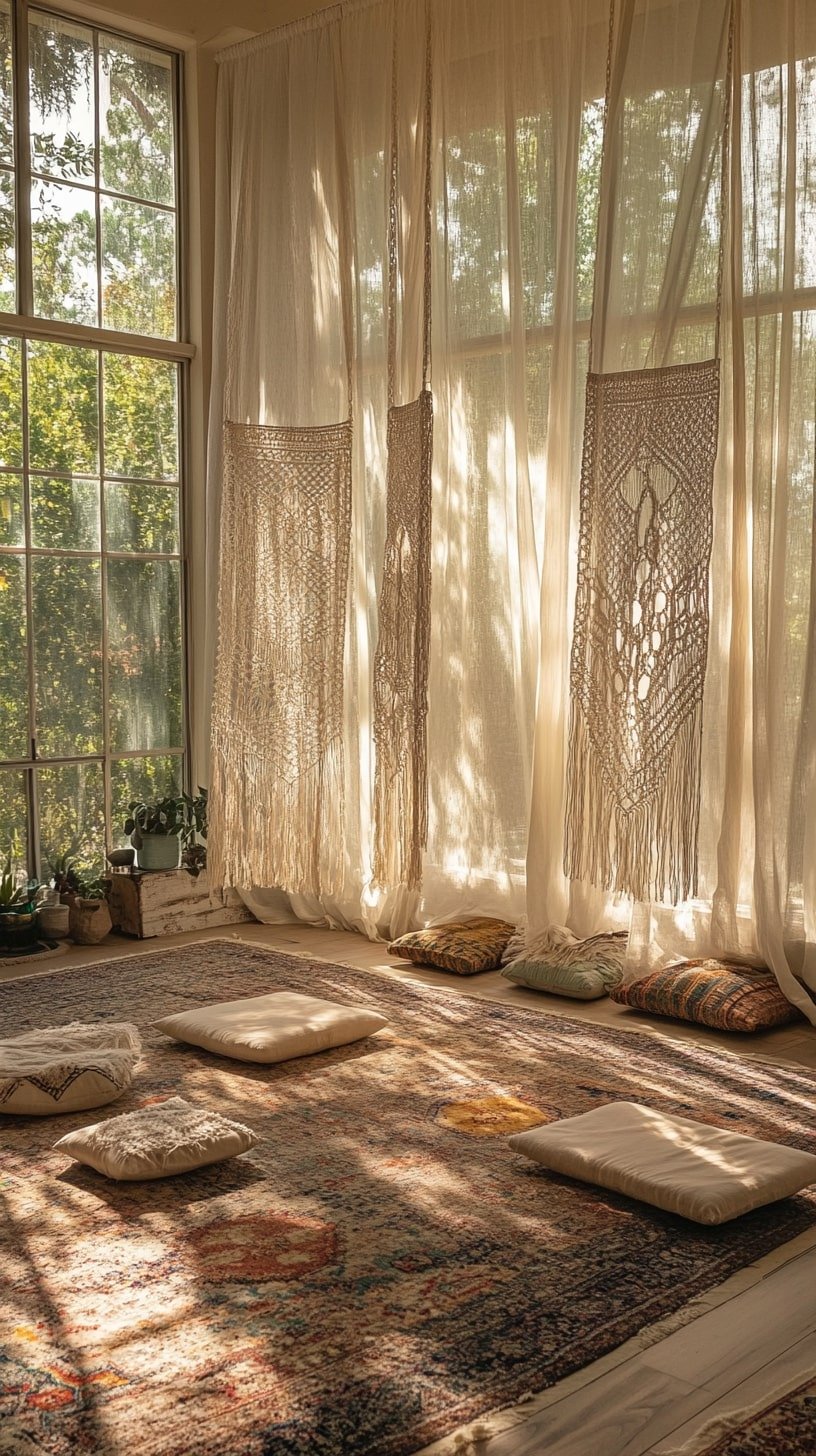 Open Boho Yoga Space with Macramé Drapes and Crystals