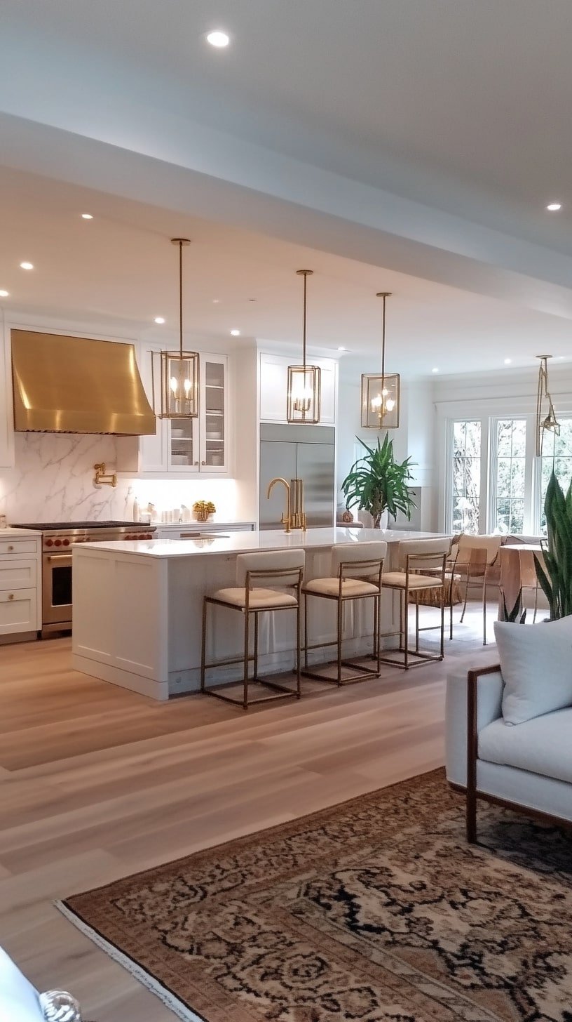 Open-Concept Living Room with Kitchen View and Brass Accents