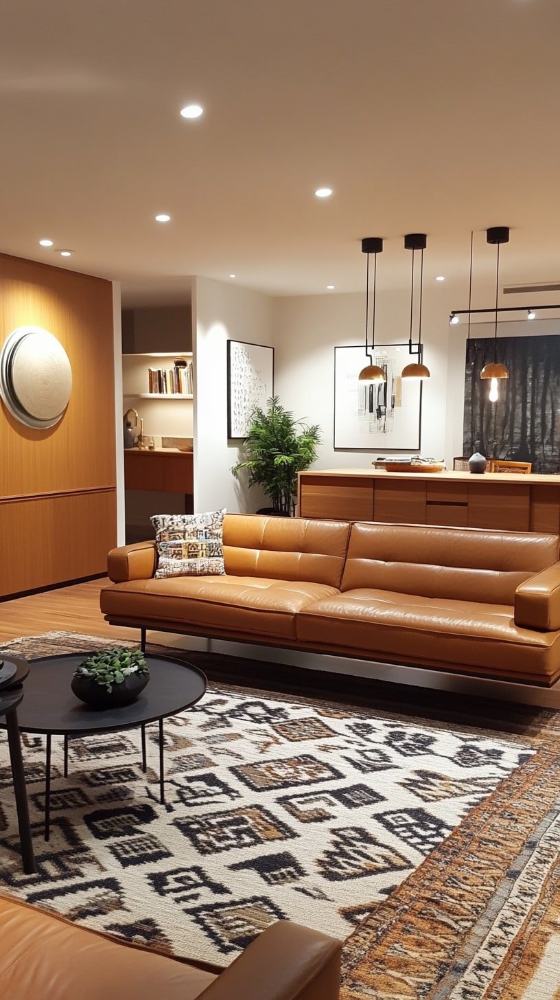  Open Concept Midcentury Living Room with Long Low Sofa and Statement Rug