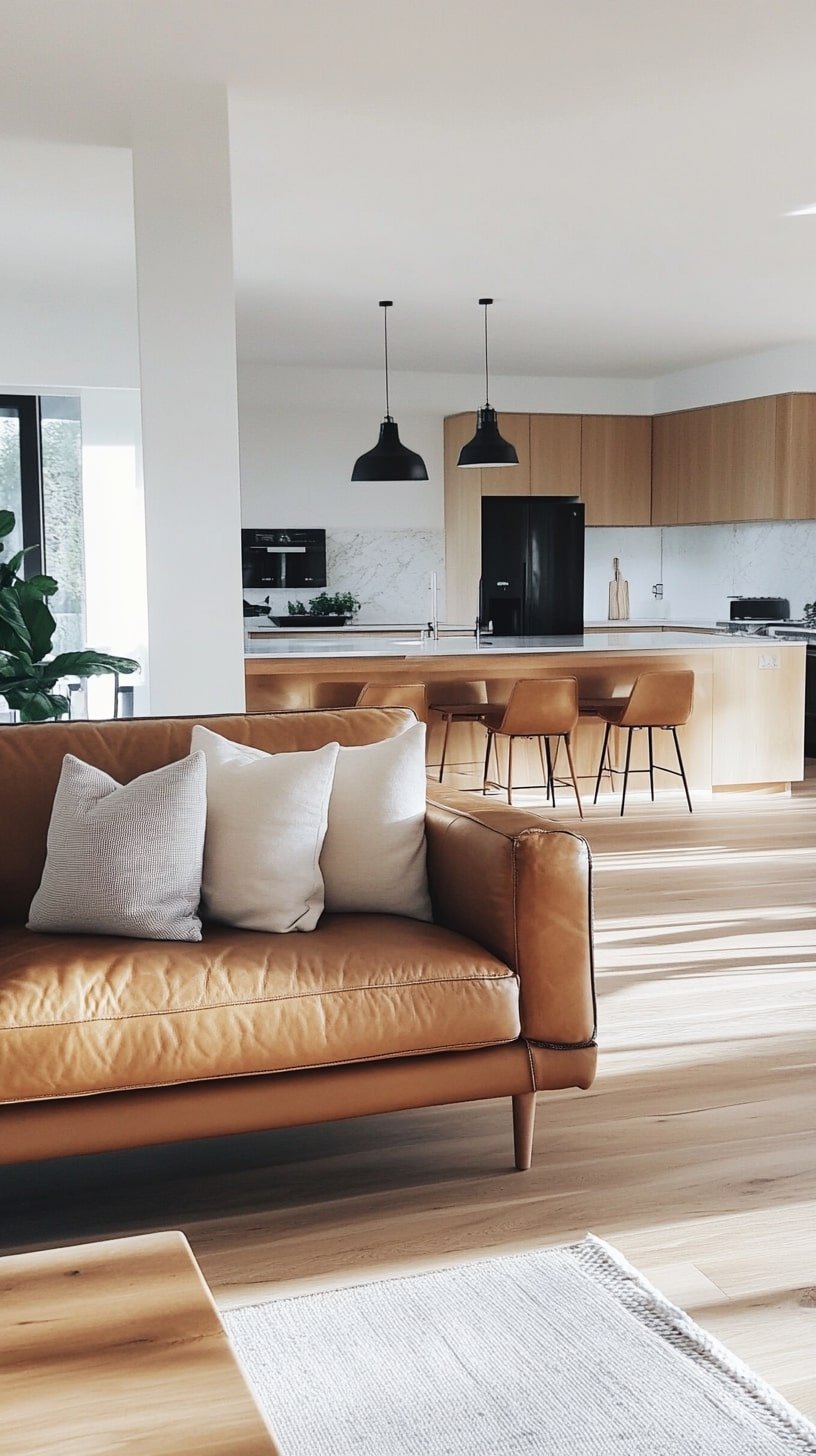 Open Living Room with Tan Couch and Kitchen View