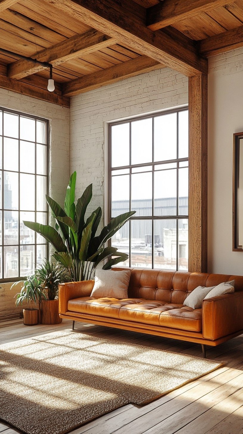 Open Loft with Tan Couch and Ceiling Beams