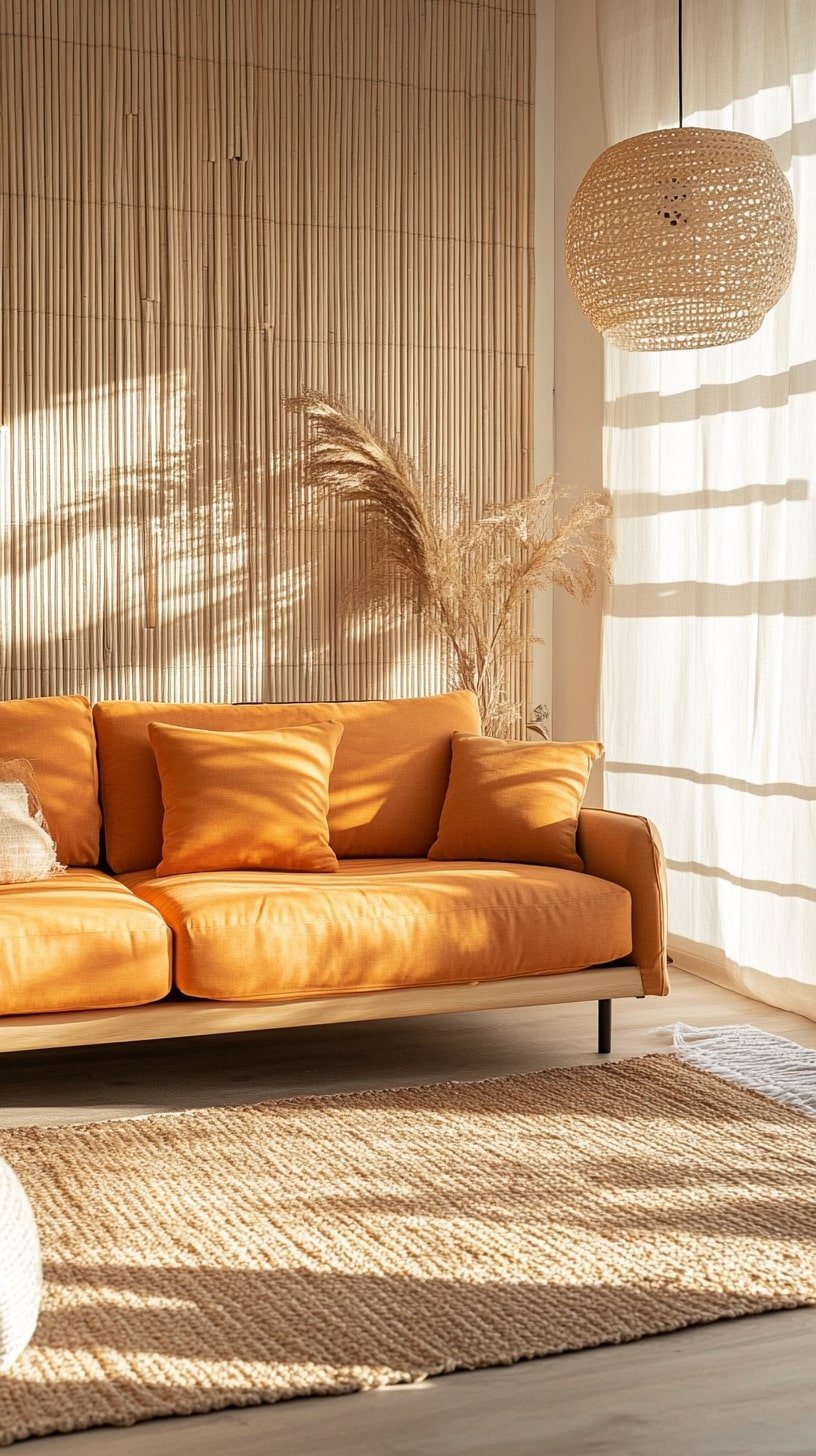 Open Plan Space with Orange Sofa and Wood Panel Wall