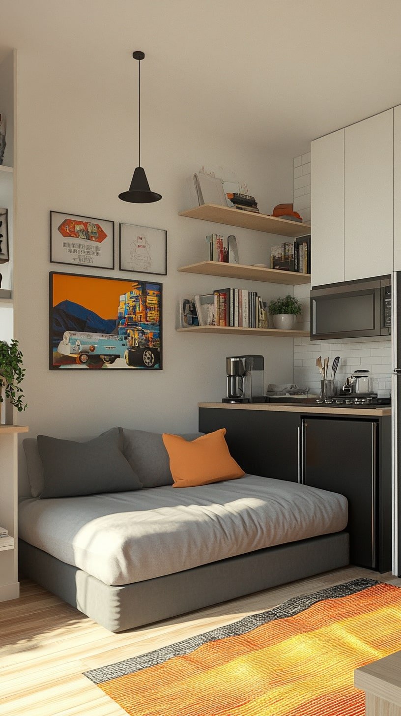 Open Studio with Compact Appliances and Minimal Decor