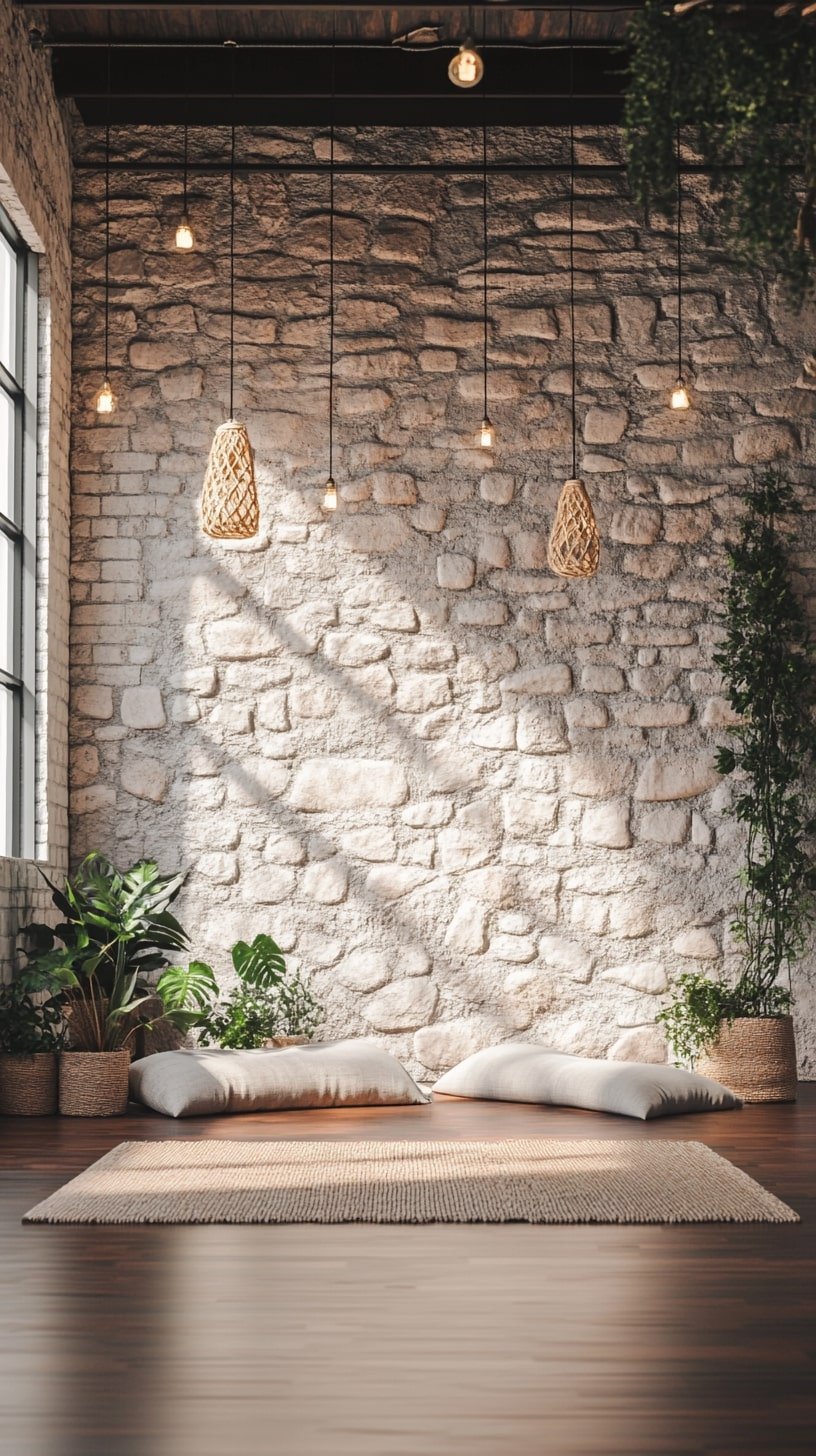 Outdoor-Inspired Boho Yoga Studio with Stone and Wood Elements