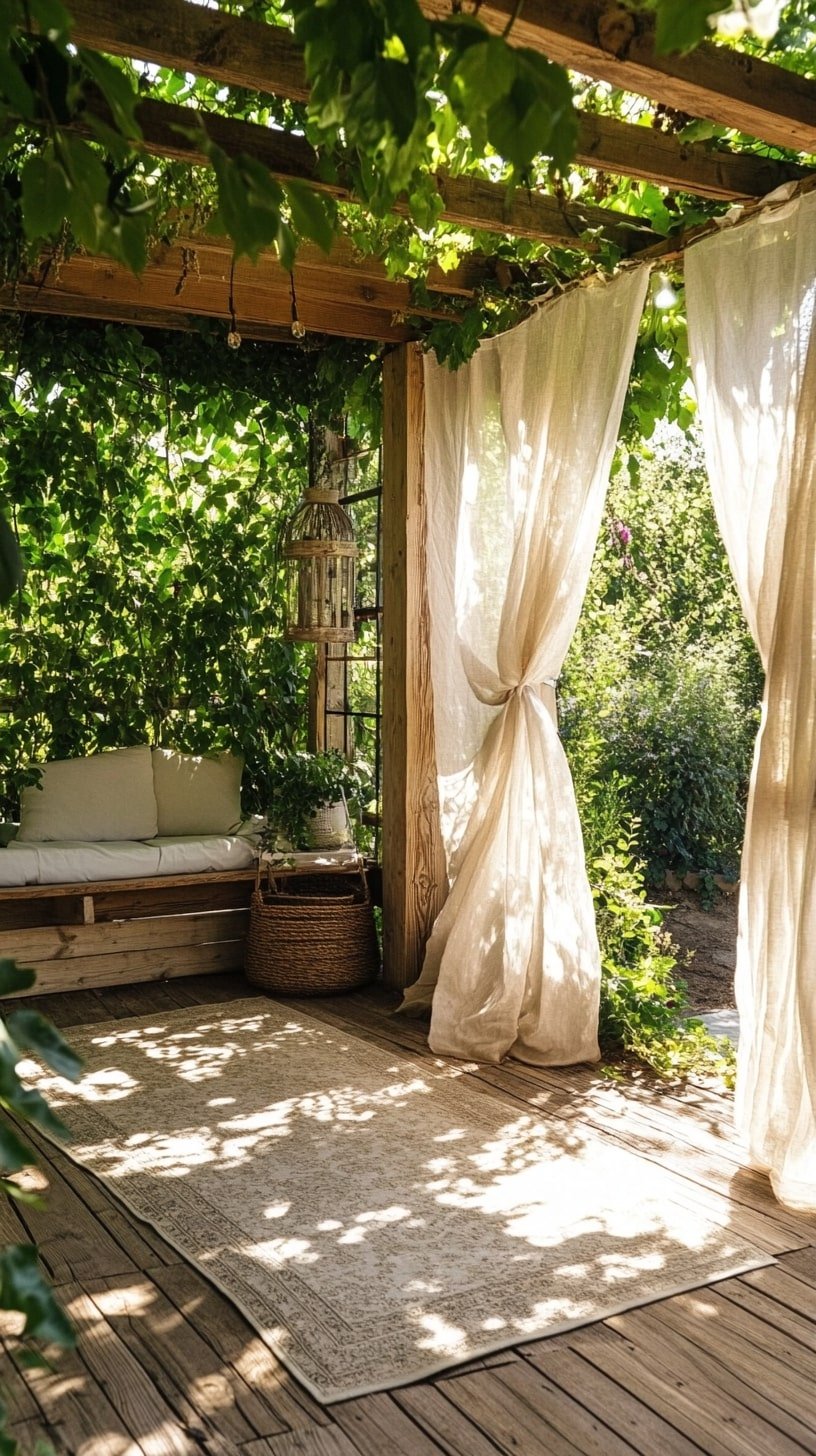 Outdoor Yoga Pergola with Sheer Curtains and Vines