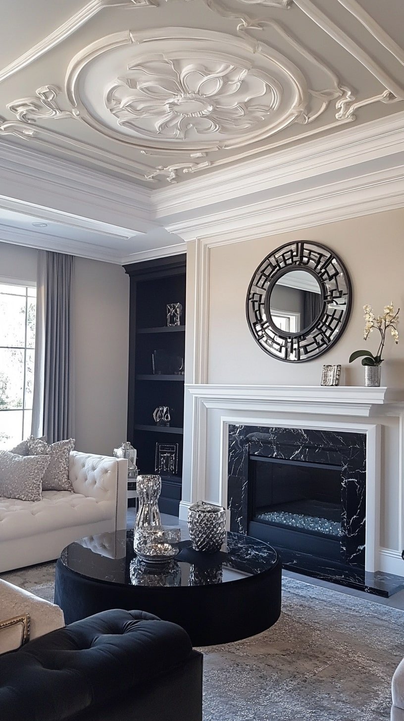 Parisian-Inspired Space with Ornate Ceiling and Mid-Century Glam Decor